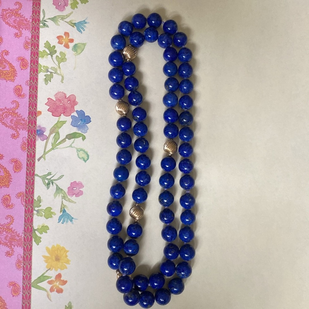 All Natural 67 Lapis Lazuli 10mm knotted/Solid 10K Gold Ribbed Balls Necklace!